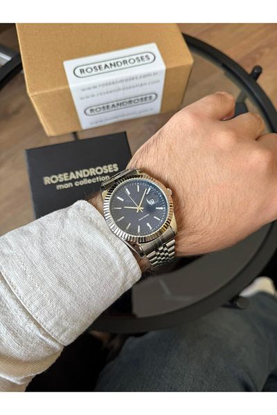 RoseandRoses Brutus New Season Men's Wristwatch with Calendar Silver (Navy Blue Dial)
