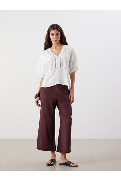 LC Waikiki V Neck Lace Detail Gathered Blouse