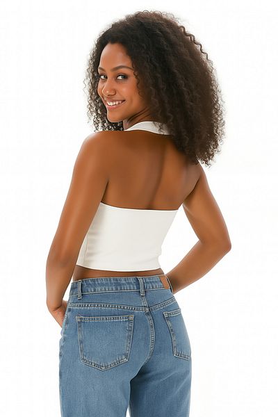 ParlaMira White Women's Viscose Lycra Halter Neck Adjustable Crop Blouse with Belt Detail