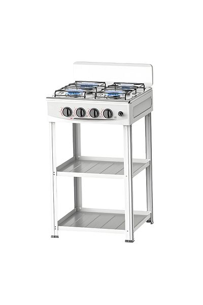 Cady One 4-burner gas stove with automatic ignition and removable storage rack stainless steel, white