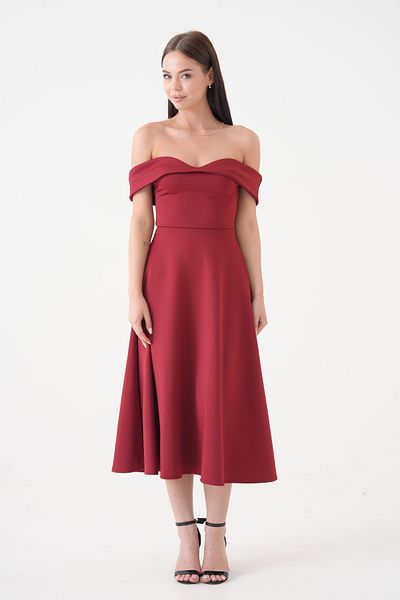 vuvutasarım Stretchy Diver Fabric Strapless Neckline Midi Length Flared Cutout Dress Burgundy Dress 77128