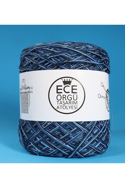 Ece Örgü Tasarım Atölyesi Ιταλικό Mercerized Πλεκτό Σχοινί Χειροποίητο με Ναυτικό Μπλε και Μπλε Τόνους, Floş Glitter (200 GR.)