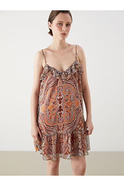 LC Waikiki Vizyon New Season Ruffled V-Neck Ethnic Patterned Mini Strap Dress