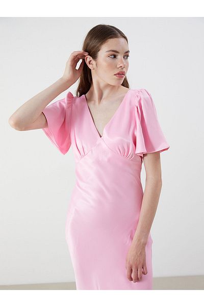 LC Waikiki V Neck Gathered Satin Dress