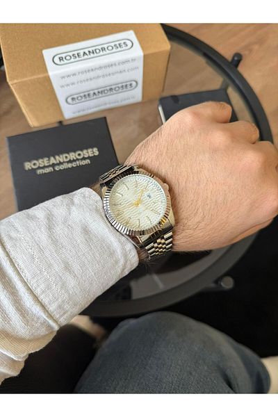 RoseandRoses Brutus New Season Men's Wrist Watch with Calendar Gold-Silver (White Dial)