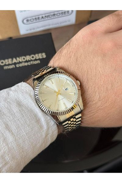 RoseandRoses Ronan New Season Men's Wristwatch with Calendar Gold-Silver (White Dial)