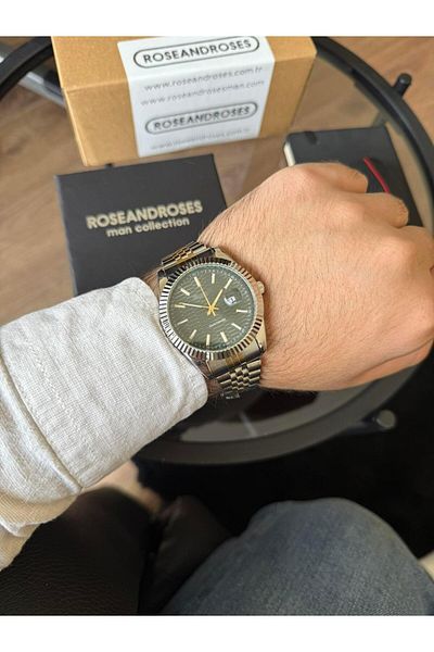 RoseandRoses Brutus New Season Men's Wrist Watch with Calendar Gold-Silver (Green Dial)