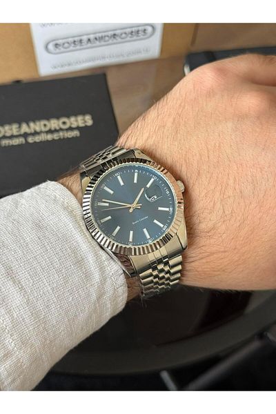RoseandRoses Ronan New Season Men's Wristwatch with Calendar Silver (Navy Blue Dial)