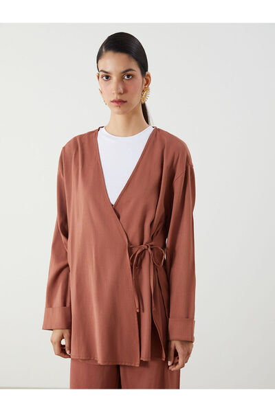 LC Waikiki Peak New Season Double-Breasted Collar Linen Blend Women's Kimono