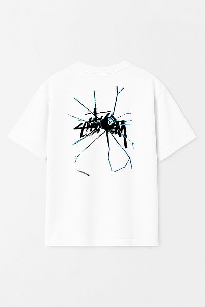 THE RULE Tricou alb unisex Stüssy Broken Glass imprimat oversize 100% bumbac cu decolteu lat RF0528