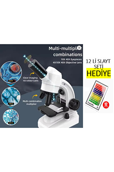 elektrogalaksi Telefon tutuculu 1600X 2 Led ışıklı 12'li örnek HEDİYELİ Mikroskop Seti Alana +2000X25 Dürbün HEDİYE