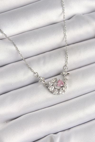 Skygo 316L Steel Silver Color Zircon Stone Crescent Pink Heart Model Women's Necklace - Tj-Bko9930
