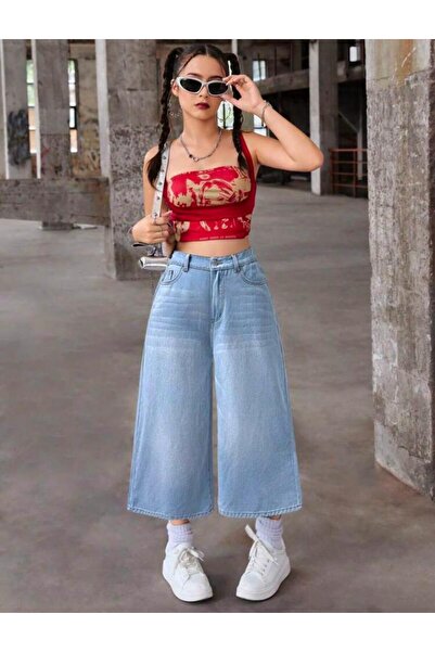 KOTOLOG Unisex Vintage Yıkamalı Retro Kalıp Baggy Jean Kapri Bermuda