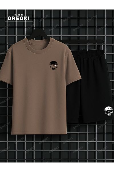 EFFRENATU Love to Death Printed Cotton Unisex Light Brown T-Shirt-Black Shorts Set