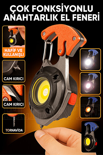 ellante Pro Kamp Feneri Çok Fonksiyonlu Fener Anahtarlık Usb Çakmaklı Cam Kır...