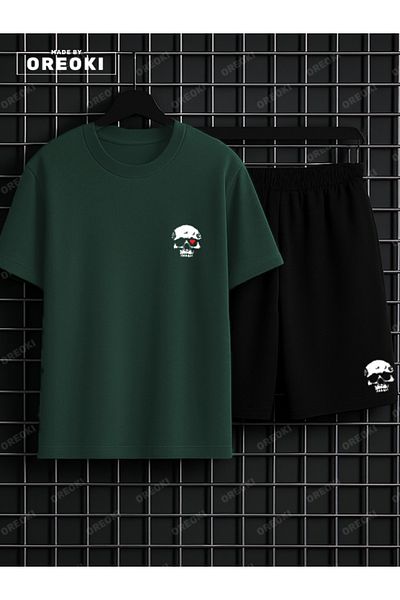 EFFRENATU Love to Death Printed Cotton Unisex Green Forest T-Shirt-Black Shorts Set