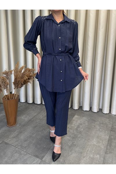 MOI ANGEL Women's Navy Blue Diamond Stone Buttoned Elastic Waist Hijab Double Suit Pants Shirt