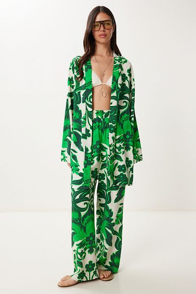 Lovelyİstanbul Patterned Summer Viscose Kimono Pants Set Green Bone Lje0003
