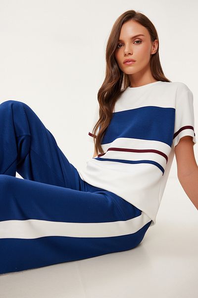 Lovelyİstanbul Striped Stretchy Knitted Bottom-Top Set Bone Dark Blue Lby0005