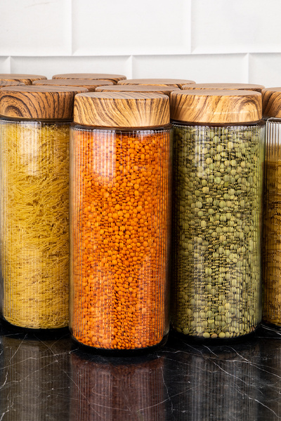 DNS HOME مجموعة من 12 برطمانات طعام زجاجية كبيرة الحجم، برطمانات مخططة، حاوية تخزين حبوب، 1500 مل