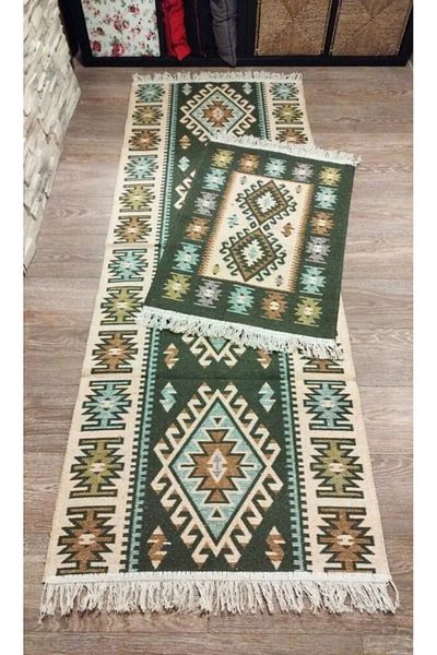 OEM 1+1 Traditional rugs, jute, size 1 pc 80x200cm+ 1 pc 60x90cm Olive green