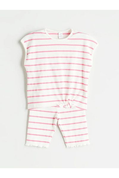 LC Waikiki LCW Kids Bluză pentru Fete cu Dungi Roz și Leggings 2 buc