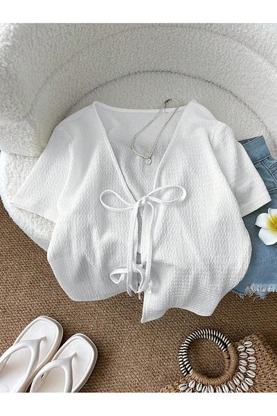 WEEST MODA White Lune Women's Open Front Lace-Up Detail Short Sleeve Top Alacati