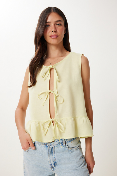 Lovelyİstanbul Linen Blouse with Tie Detail Yellow Lmx0097