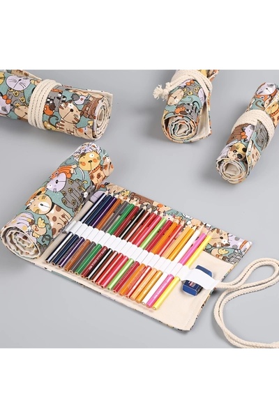 GlassySKY 1 Adet Kedi Temalı Rulo Kanvas Kalem Kutu/Örgü Tığ Saklama Kalemlik Kırtasiye