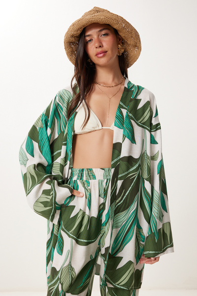 Lovelyİstanbul Mintás nyári viszkóz kimonó nadrág szett KHAKI STONE LJE0003