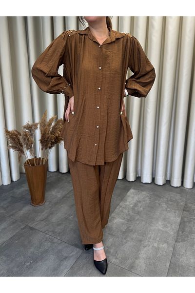 MOI ANGEL Women's Brown Diamond Stone Buttoned Elastic Waist Hijab Double Suit Pants Shirt