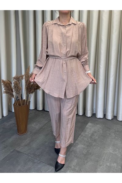 MOI ANGEL Women's Stone Color Diamond Stone Buttoned Elastic Waist Hijab Double Suit Pants Shirt