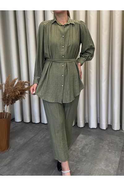 MOI ANGEL Women's Khaki Diamond Stone Buttoned Elastic Waist Hijab Double Suit Pants Shirt
