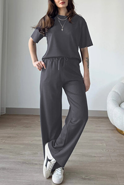 ruNadeS Kadın Kısa Kollu Yazlık İki İplik Rahat Palazzo Paça Eşofman Takımı