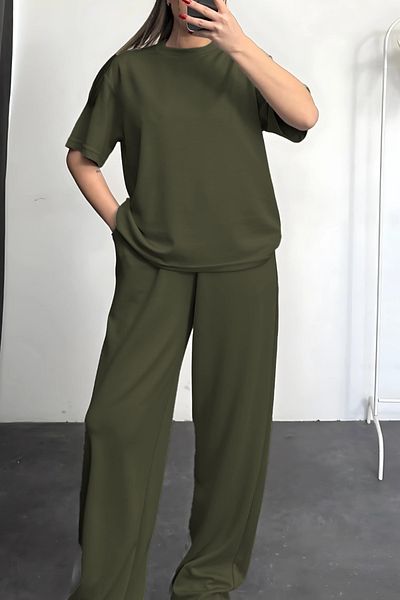 ruNadeS Women's Short Sleeve Summer Two Thread Combed Wide Leg Sweatpants Set