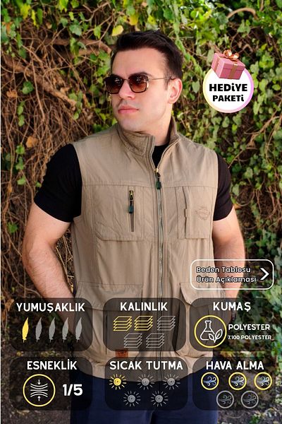 Azıcık Akıllı Men's Light Khaki Seasonal Breathable Quick Dry Multi-Pocket Tactical Sleeveless Vest 25Eylkjpbl