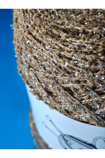 Ece Örgü Tasarım Atölyesi Kendinden gümüş simli, camel rengi italyan koton buklet el örgü ipi (200 gr.)