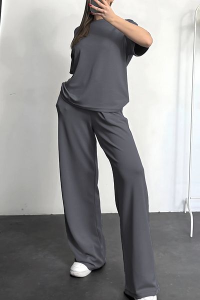 ruNadeS Women's Short Sleeve Summer Two Thread Combed Wide Leg Sweatpants Set