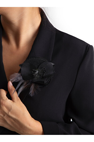 pionoi Parisien St Germaint Broş Dantel Detaylı Tüylü Yaka Çiçeği Siyah