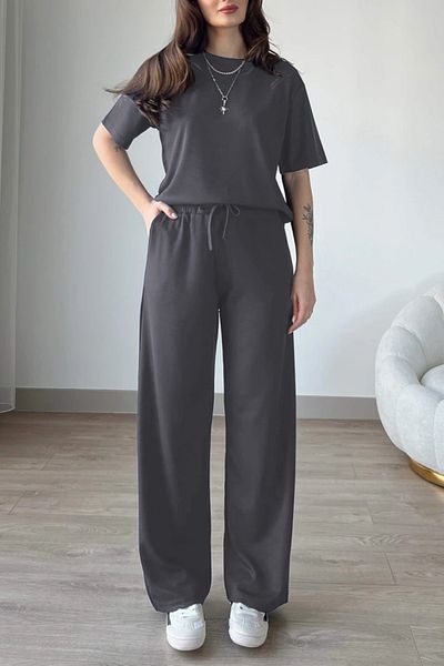 ruNadeS Women's Short Sleeve Summer Two Thread Casual Palazzo Leg Sweatpants Set