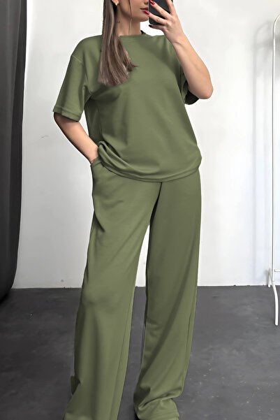 ruNadeS Γυναικείο κοντομάνικο καλοκαιρινό σετ φόρμας με δύο κλωστές από χτενισμένο βαμβακερό φαρδύ πόδι