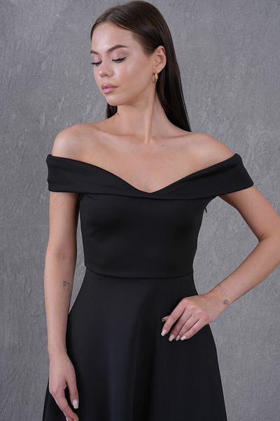 bayansepeti Women's Stretchy Diver Fabric Kiss Collar Midi Length Flared Cutout Black Evening Dress 77128