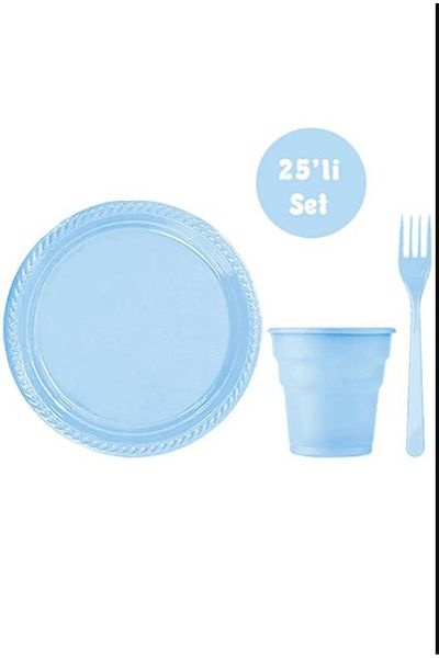 PartAntalya Set of 25 Plastic Plates, Forks and Glasses Blue