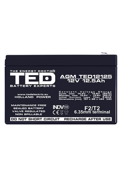TED Electric Baterie reîncărcabilă F2/T2 12V staționară VRLA 12.5Ah AGM, dimensiuni 151x98x94 mm, TED12125