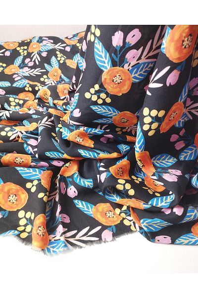 Kumaş Parça Woven on Black with Pink Orange Colors Width: 145