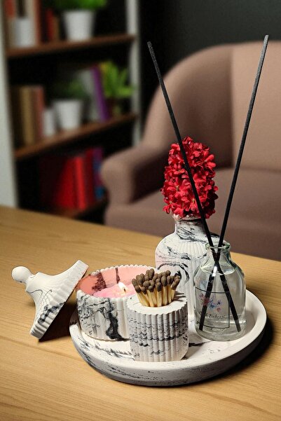 BESAGU HOME Mermer Desenli Dekoratif 5 Parça Vazo Seti -Vazo,Oda Kokusu,Kibri...