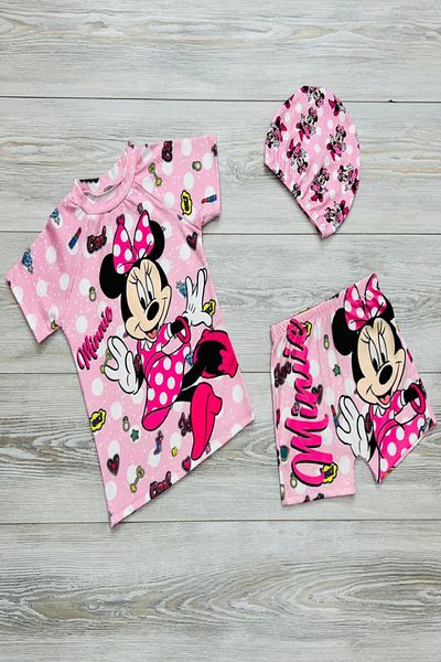 PODİUM GİYİM New Season Cartoon Character Printed Sun Protection Three Piece Girl's Checkered Swimsuit Girl's Swimsuit