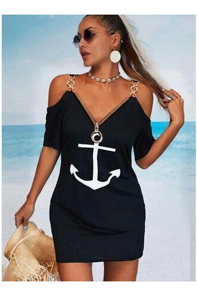 İpeksi Silky Zipper Detail Anchor Printed Chain Strap Viscose Dress
