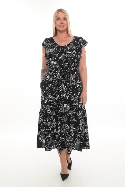 etselements Flounce Sleeve V Neck Belted Patterned Long Viscose Dress 5284