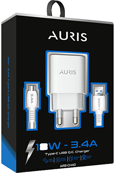 Auris CH40 3.4 A Type C Şarj Aleti Cihazı Seti USB Şarj Başlığı + 1 Mt. Type ...